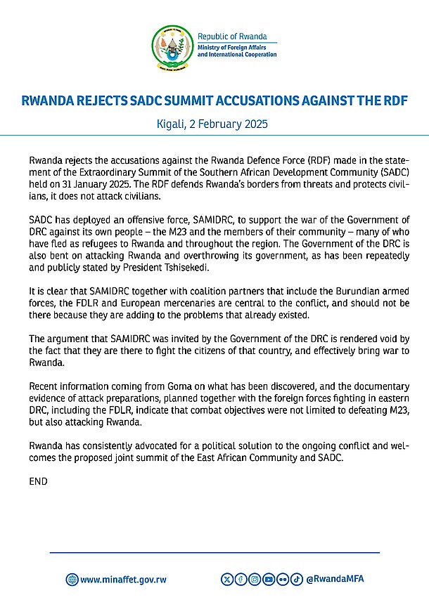 DRC Crisis: Rwanda Rejects SADC Statement Targeting RDF