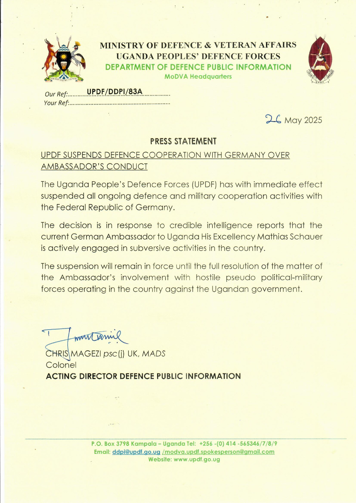 UPDF Suspends Defence Cooperation With Germany Over Ambassador’s Conduct