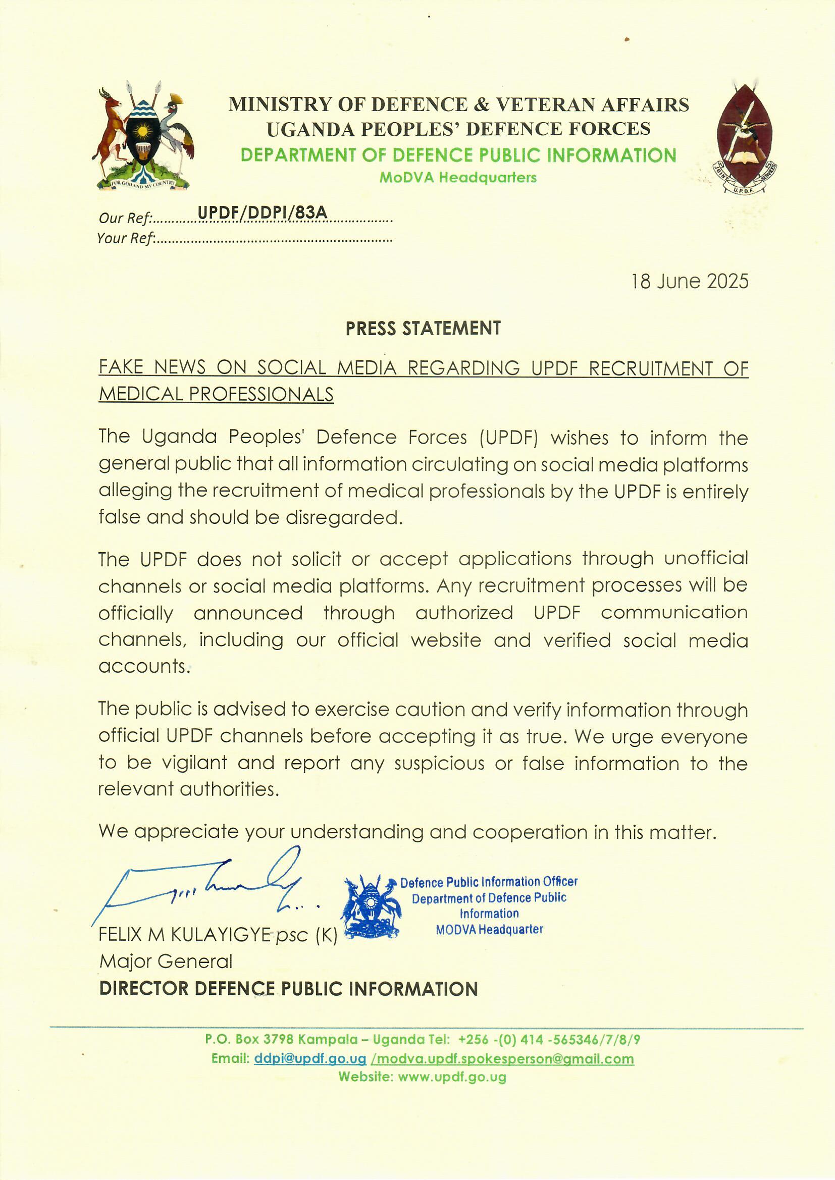 UPDF Dismisses Fake Recruitment Claims Circulating On Social Media