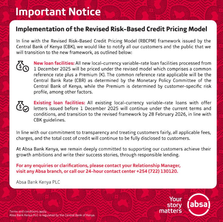 Absa Bank Kenya Announces Changes To Pricing Of New And Old Loans